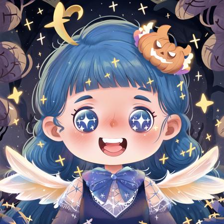 03441-2315344792-_lora_lbtx-013_0.7_,lbtx,1girl,solo,halloween,blue hair,smile,bangs,open mouth,blue eyes,long hair,wings,halo,blunt bangs,teeth,.png